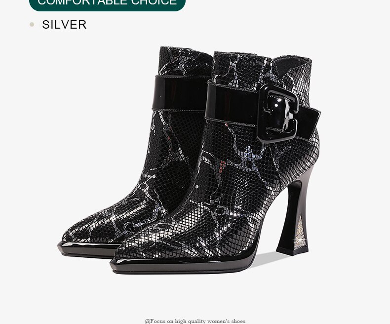 Brand Women's Ankle Booots Autumn Winter Shoes Genuine Leather Sexy High Heels Pointed Toe Gold Silver Dress Party Shoes