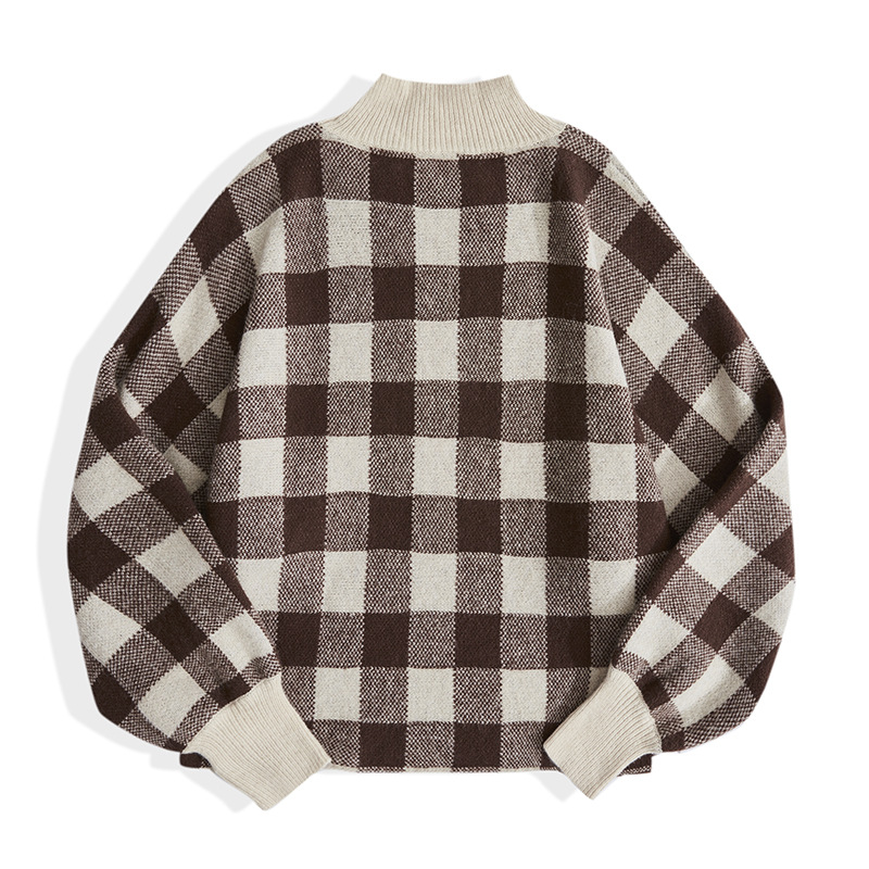 Ladies Mock Neck Checked Contrast Sweater