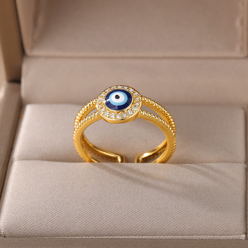 Turkish Zircon Evil Eye Rings For Women Open Adjustbale Gold Plated Stainless Steel Ring Couple Rings Wedding Jewelry Bague