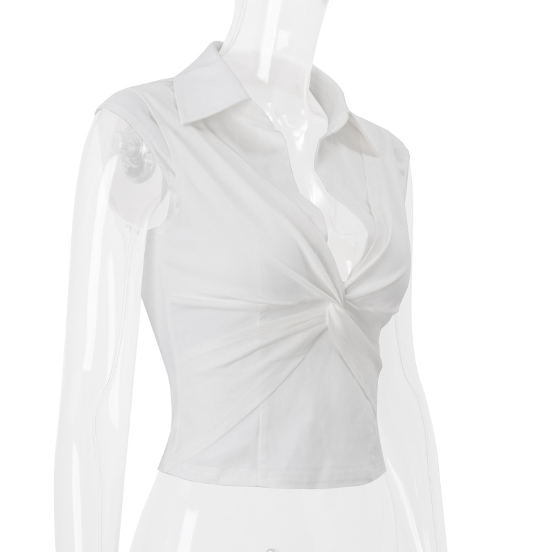 European Women's Fashionable Polo Collar Knot Short Pure Color Belly-Baring T-Shirt Top