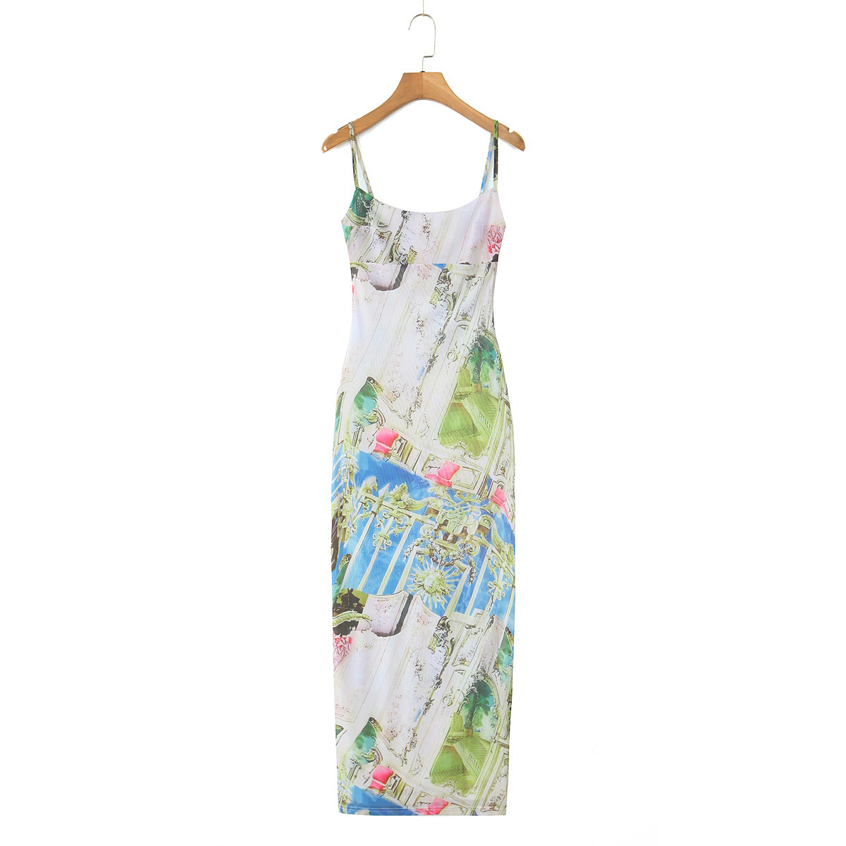 Elastic Mesh Body-Shaping Printed Floor-Length Strapless Dress