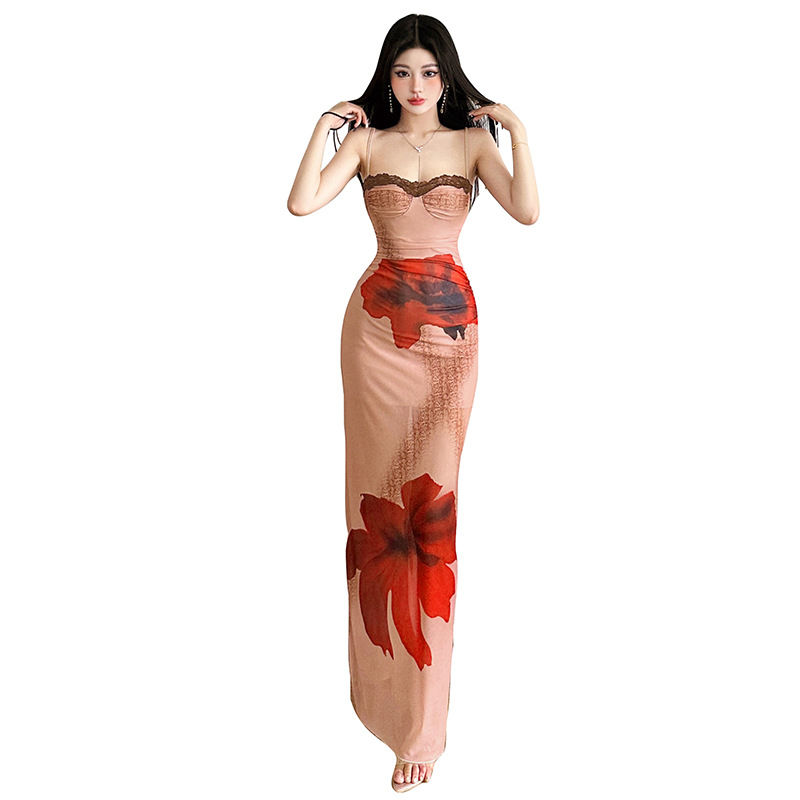 Sleeveless backless slimming color blocked lace camisole long skirt for women