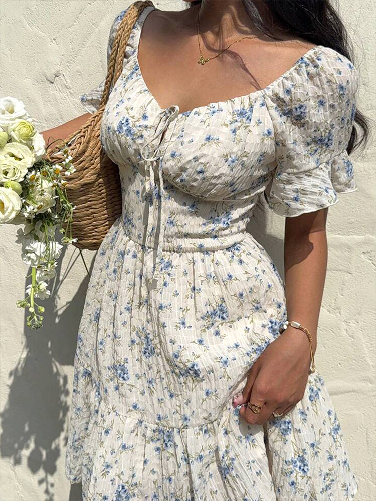U Neck Puff Tie Waist Frilled Midi Dress
