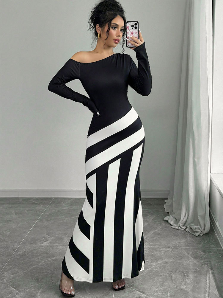 Ladies Long Sleeve Polyester Asymmetric Pattern Dress