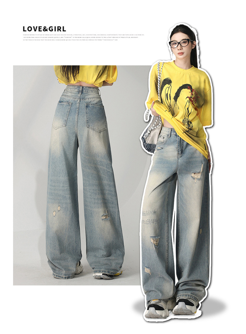 Retro Distressed Washed Ripped Jeans Women Loose High Waist Slim Wide Leg Floor-Length Pants