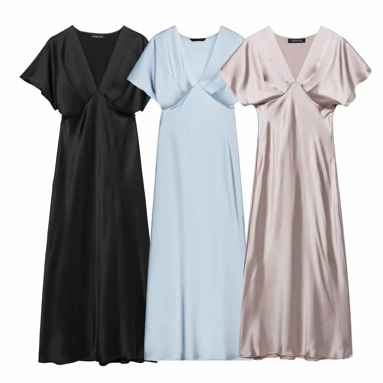 V-neck short sleeved waist cinched silk texture long dress for women