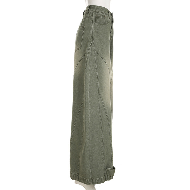 Washed curved knife women's autumn and winter loose fitting patchwork wide leg jeans