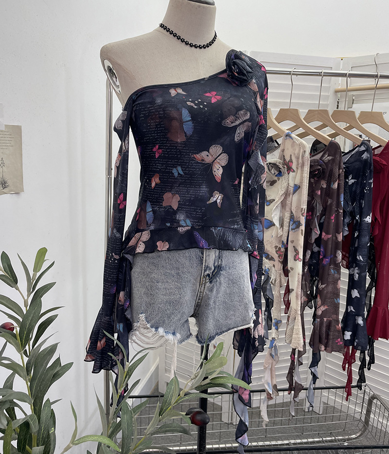 Asymmetric Pointed Floral Off-Shoulder Full Sleeve Top