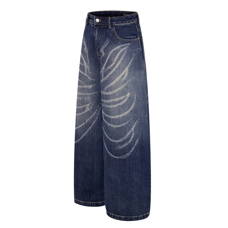 Style Butterfly Cat Whisker Laser-Printed Denim Pants with Unique Design, Wide Leg, Loose Fit, Straight Cut, Oversized Jeans