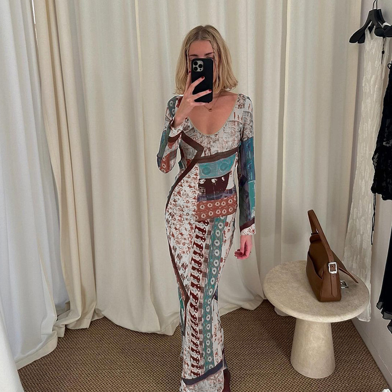 Stretch Vintage Fall Patterned Plunge Long Sleeve Dress