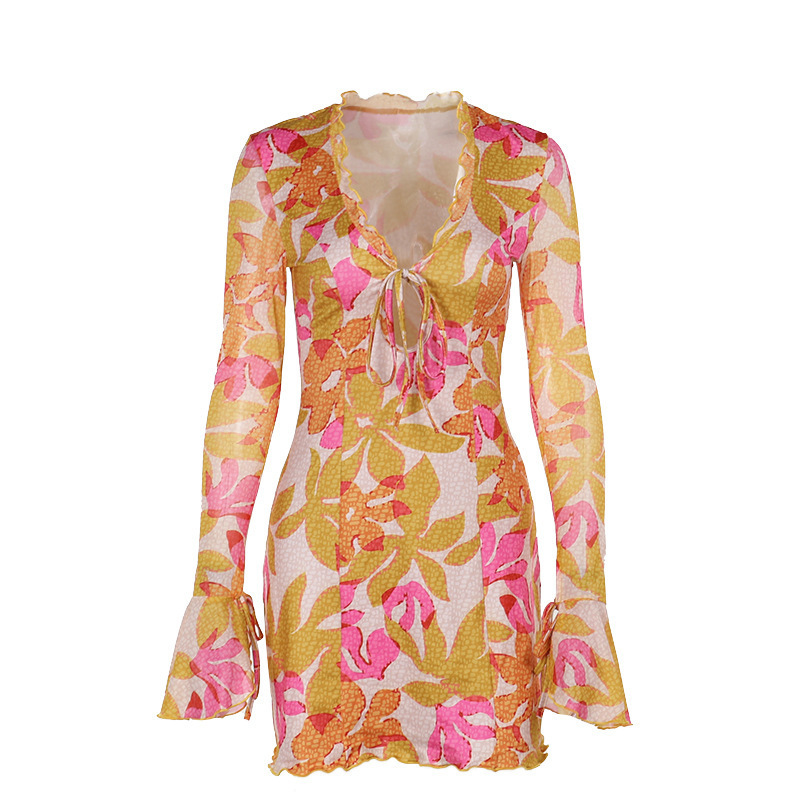 V-Neck Flared-Cuff High-Waist Belted Mini Dress
