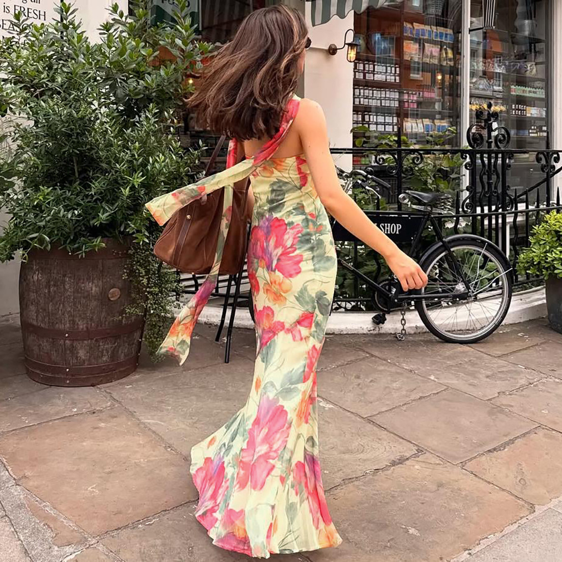 Patterned Drape Neck Open Back Bare Shoulder Dress