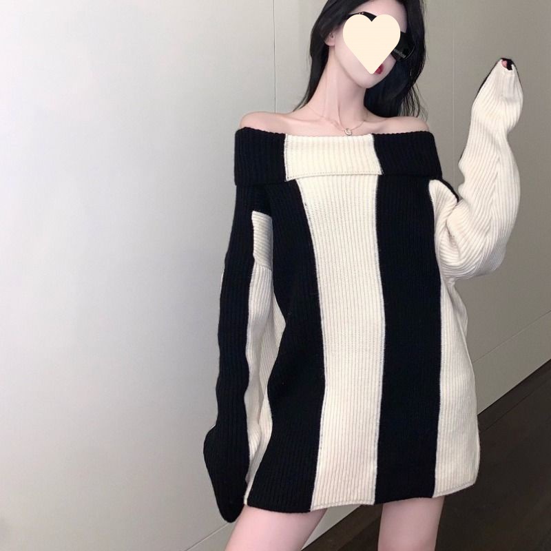Ladies Oversized Two-Tone Asymmetric Acrylic Sweater