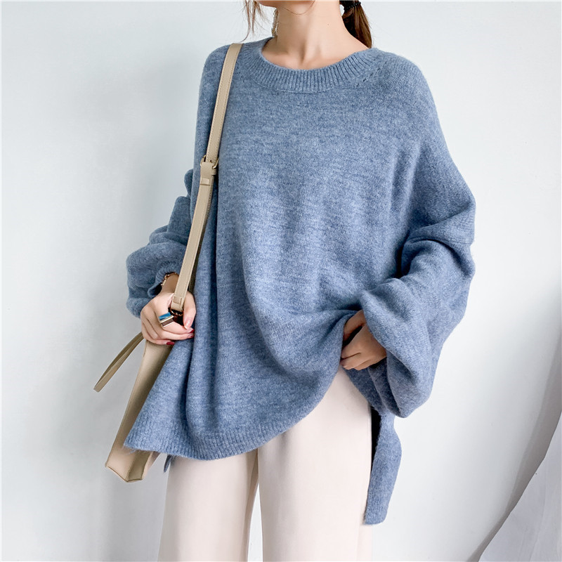Navy Oversized Crew Collar Balloon Cuff Knit Jumper