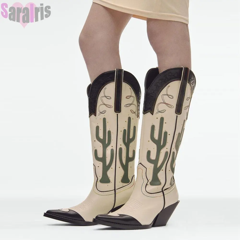 Western Cowboy Mid Calf Women Boots Chunky High Heels Cactus Vintage Cowgirl Long Boots Retro Shoes Woman