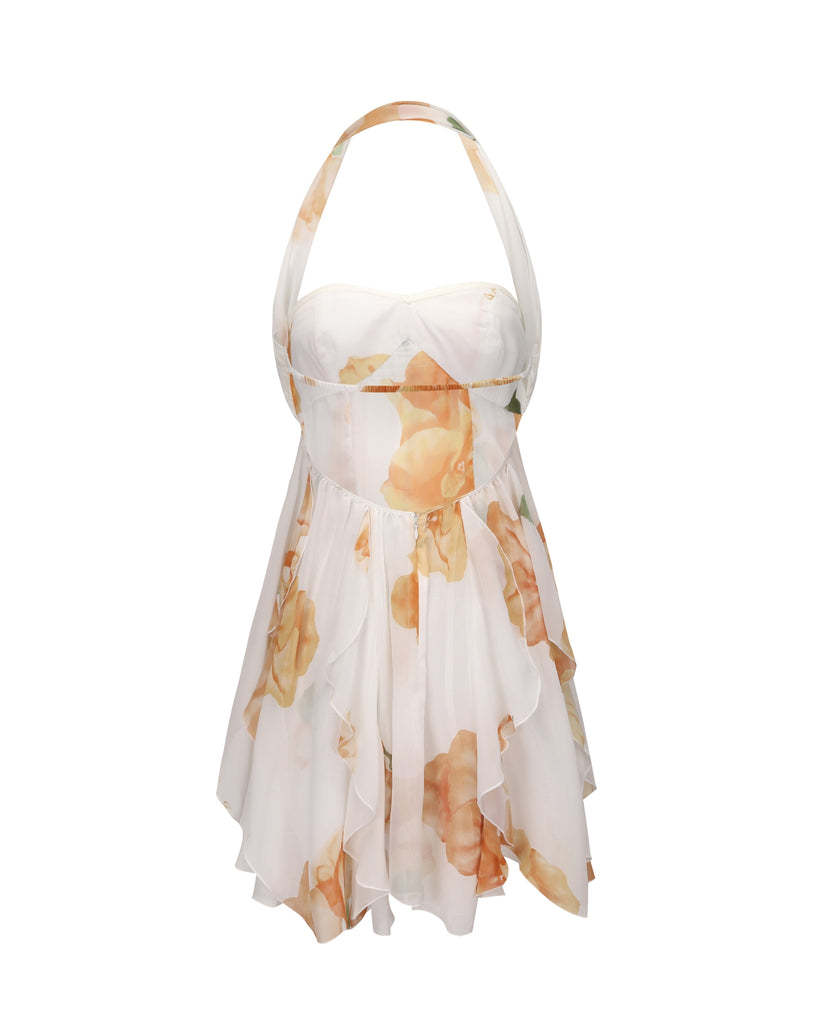 Chiffon Printed French Halter Noble Fairy Dress Holiday Wind Sexy Backless Short Skirt