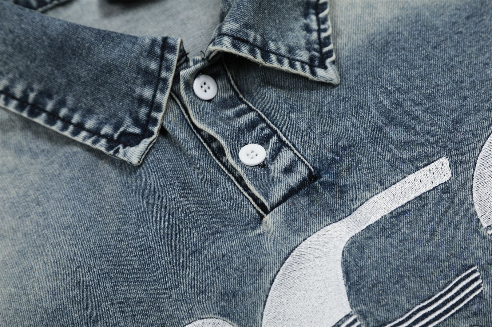 Washed Letter Embroidery Turn-Down Collar Short Sleeve T-Shirt for Men and Women Vintage Summer Loose Casual Top