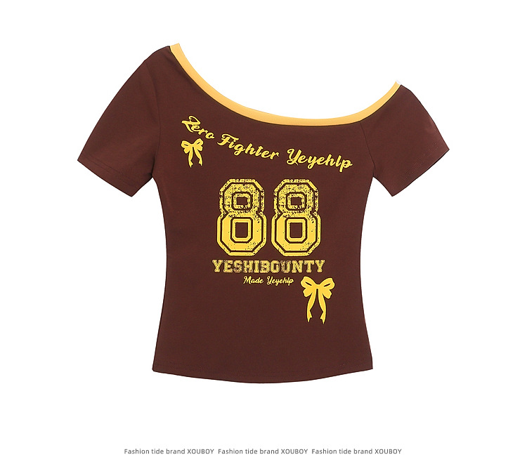 Letter Print Off-Shoulder Short Sleeve T-Shirt for Women Summer