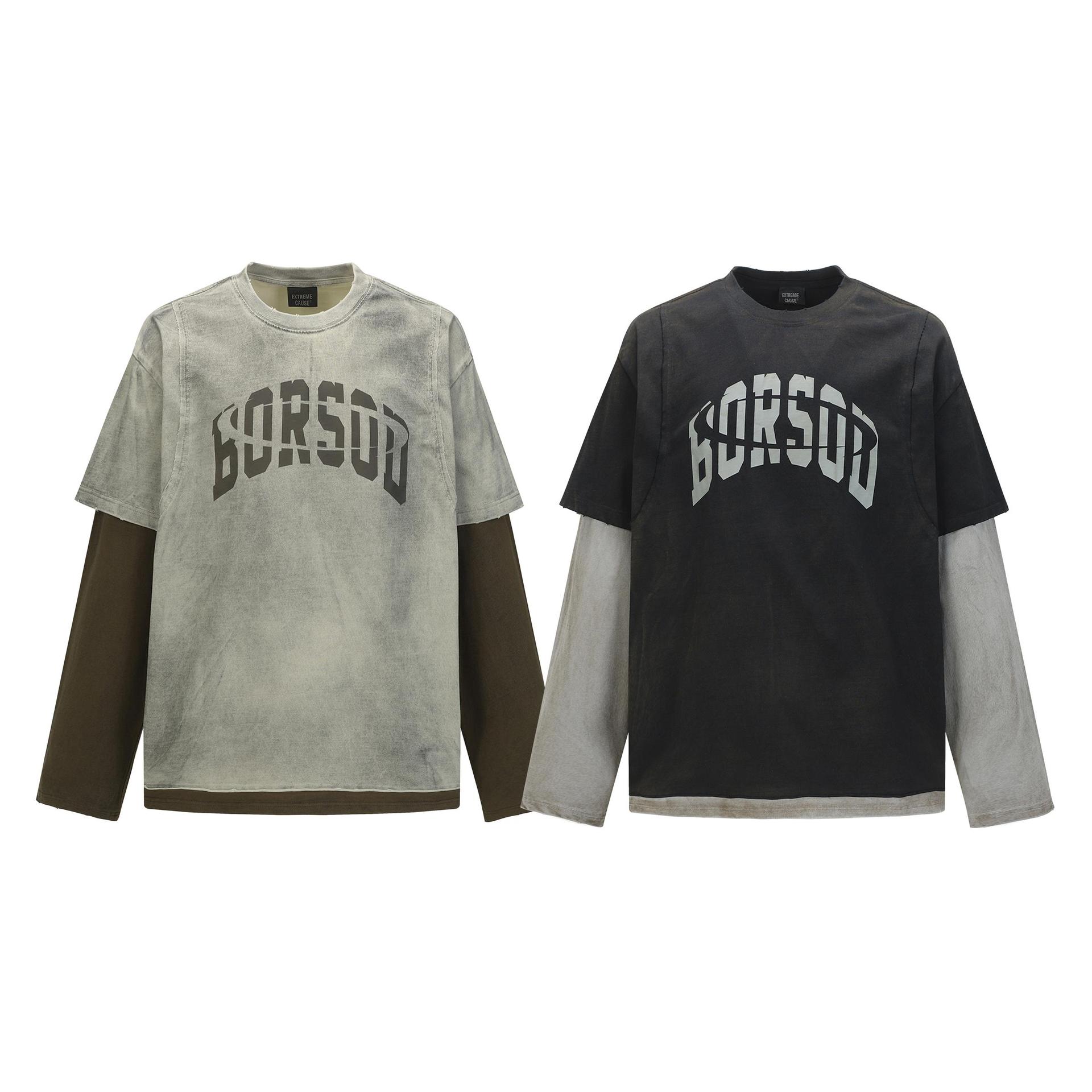 Cotton Vintage Letter Print Contrast Mock Layered Hoodie