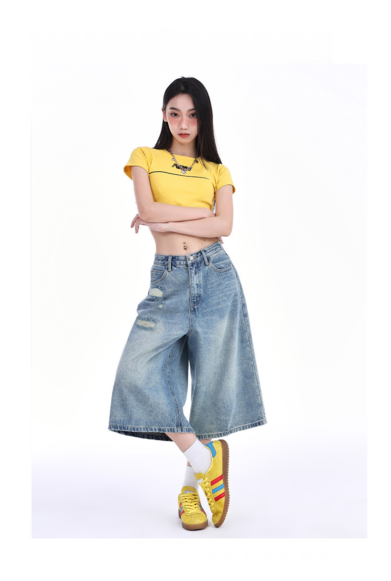 Retro Distressed Seven-Quarter Denim Pants for Women High Waist Slimming Loose Faded Straight Leg Mid-Length Trousers