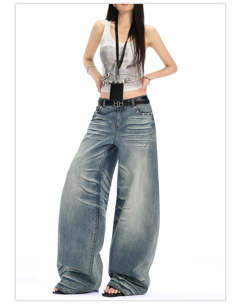 Retro Spicy Girl Washed Pleated Wide-Leg Jeans Women's Cracked Design Loose Drape Floor-Length Pants
