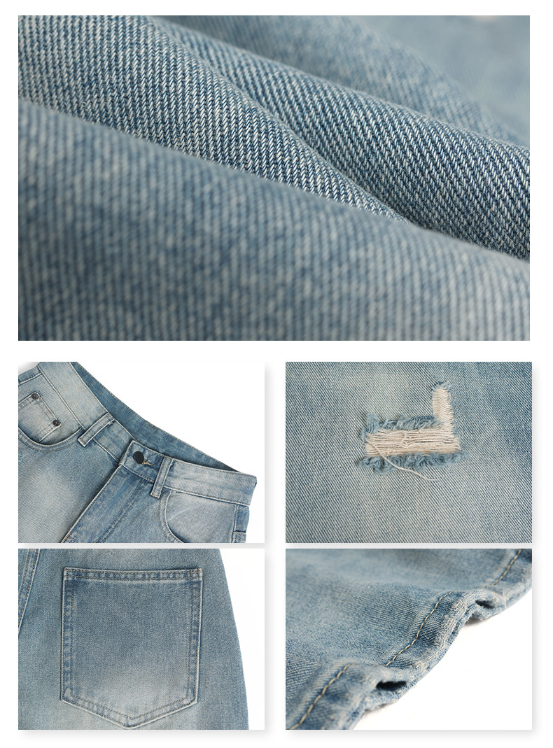 Retro Distressed Washed Ripped Jeans Women Loose High Waist Slim Wide Leg Floor-Length Pants