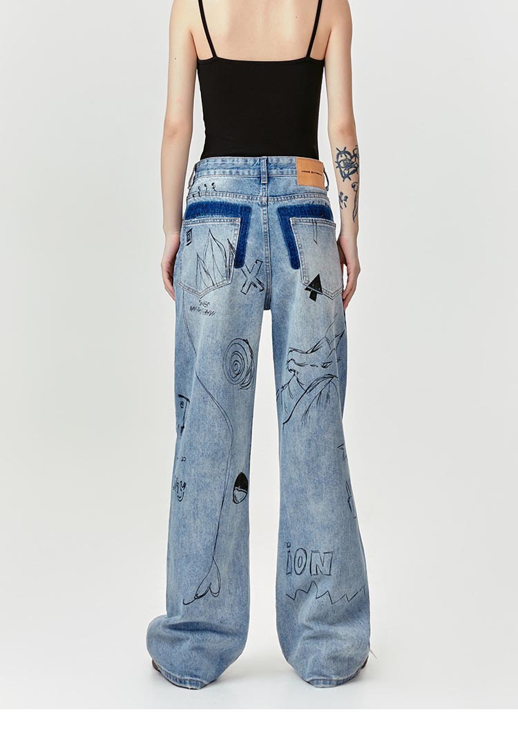 Graffiti Fun Niche Print Washed Distressed Denim Trousers