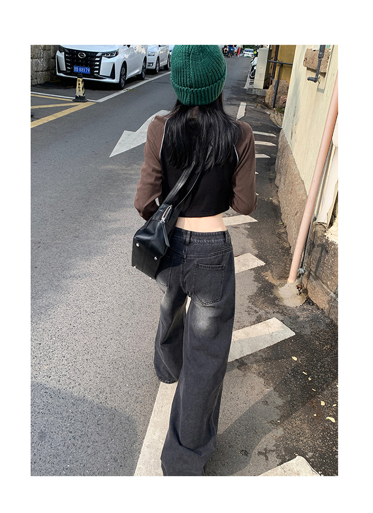 Women's Faded Black and Gray Denim Pants High-Waisted Loose Floor-Length Wide-Leg Trousers