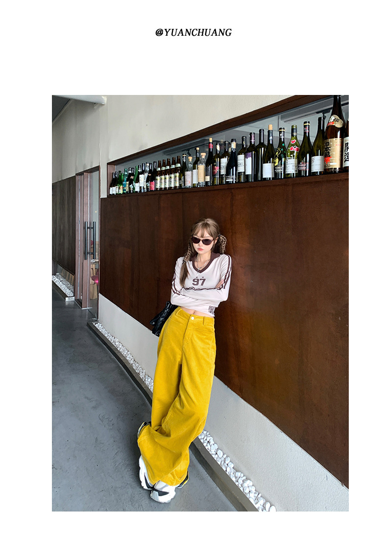 Women's Yellow Casual Pants Loose Wide Leg High Waist Corduroy Sweatpants