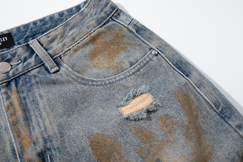 Style Casual Knife-Shape Pants Men Loose Straight Leg Distressed Autumn Fashion Vintage Ripped Jeans