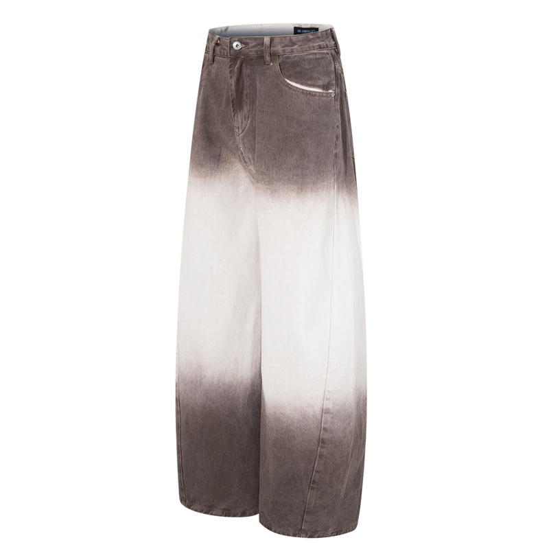 Retro Style Washed Ombre Color Knife-Edge Jeans for Men and Women, Loose Floor-Length Wide Leg Pants