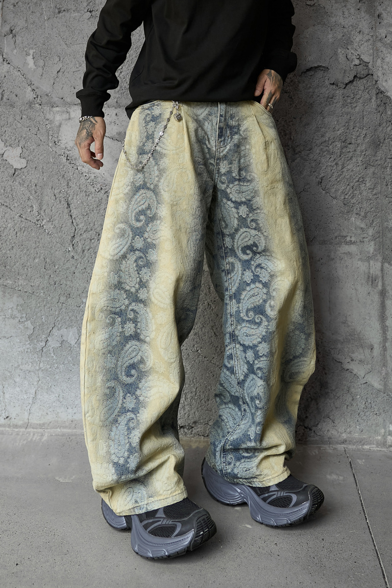 Street Washed Spray Monkey Jacquard Gradient Knife-Edge Denim Pants Men Women High-Quality Fashion Brand Wide-Leg Pants