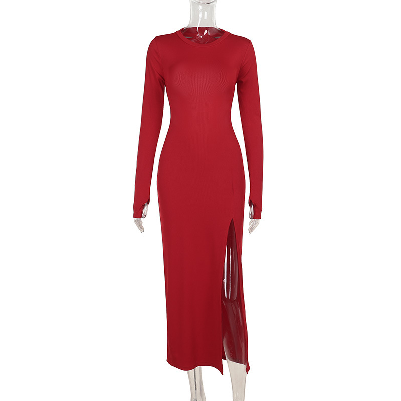 Round Neck Long Sleeve Open Back Polyester Dresses