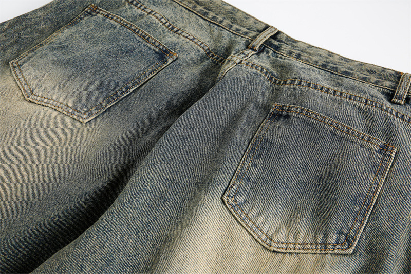 Washed Distressed Unisex Wide Leg Jeans Denim Material