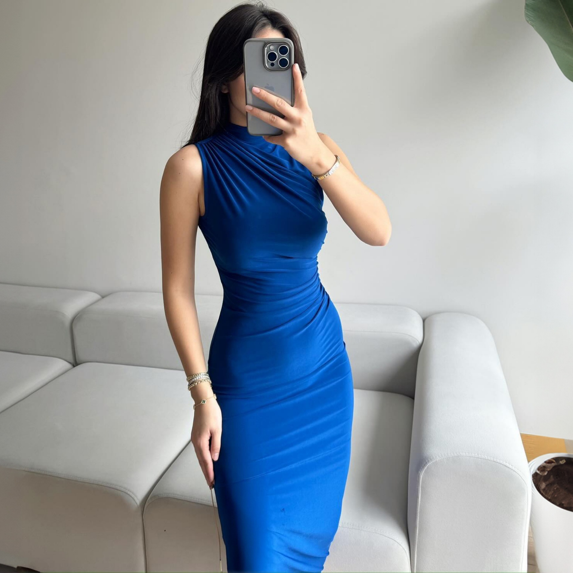 Mock Neck Side Split Bodycon Maxi Dress