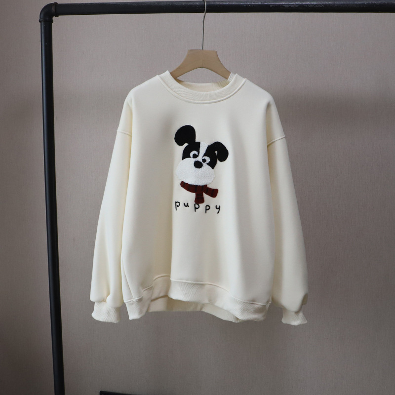 Casual Cartoon Embroidered Fleece Lined Thick Hoodie for Women Round Neck