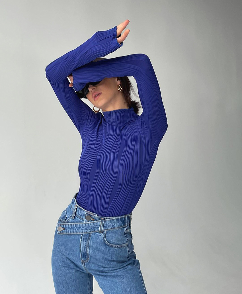 Ladies Navy Turtleneck Fitted Jersey Knit Pullover