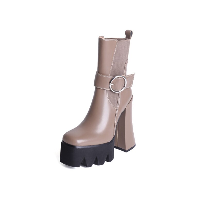 Women's Autumn Short Boots Brand New Square Toe Super High Heel Thick Sole Metal Sexy Stretch Bare Boots 42 Sizes