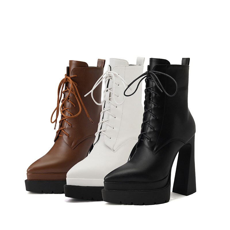 Autumn Winter Women Ankle Boots Elegant Office Ladies Party High Heels Pointed Toe Platforms Genuine Leather Shoes