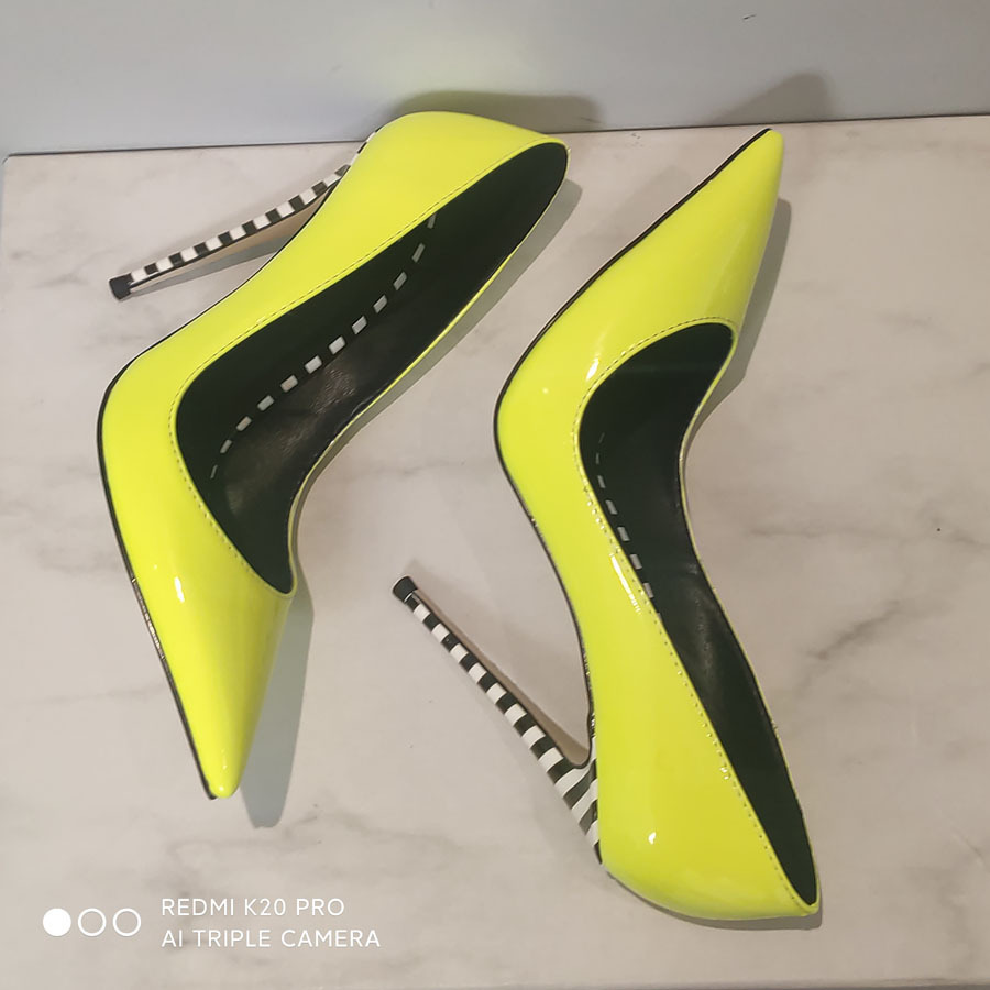 Thin Heeled High Heels, European and American Pointed Patent Leather Color Matching Light Cut Large Size Single Shoes
