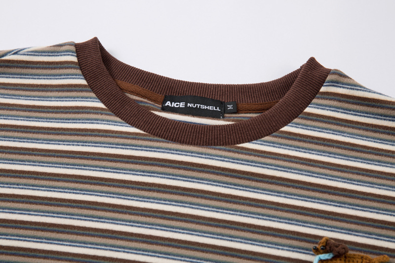 Retro Front Handmade Knitting Craft Round Neck Striped Long Sleeve T-Shirt Top College Style Couples Wear