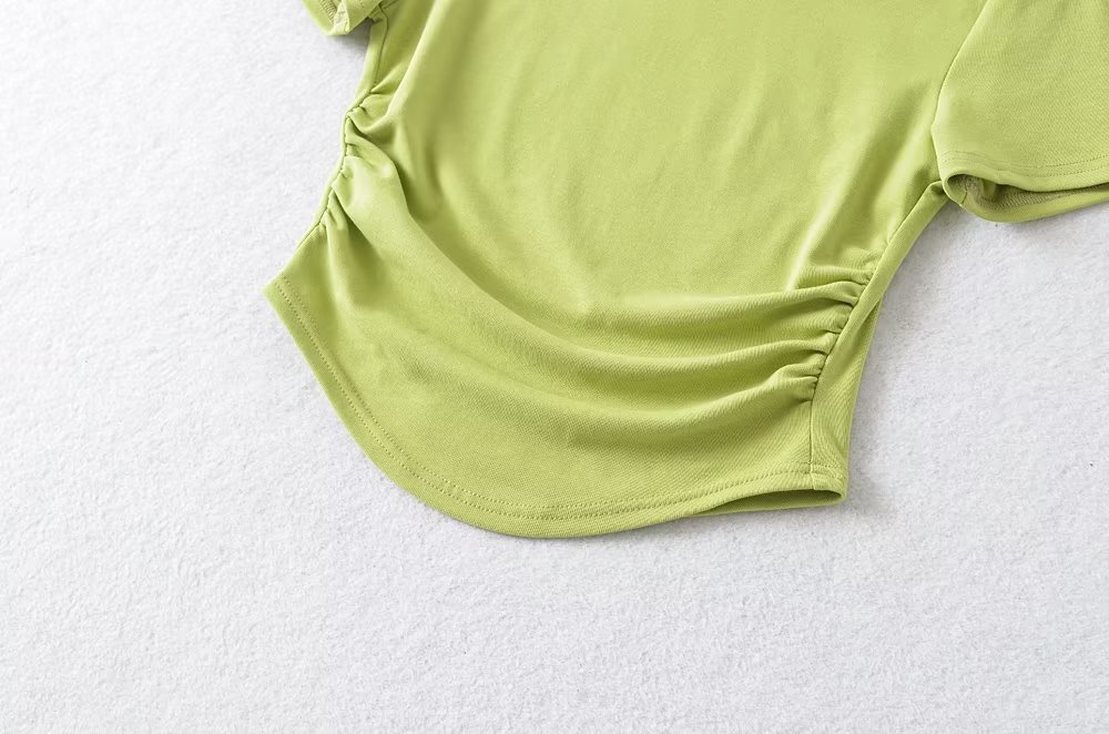 Slim Crew Half Sleeve Gathered Cropped Scalloped T-shirt
