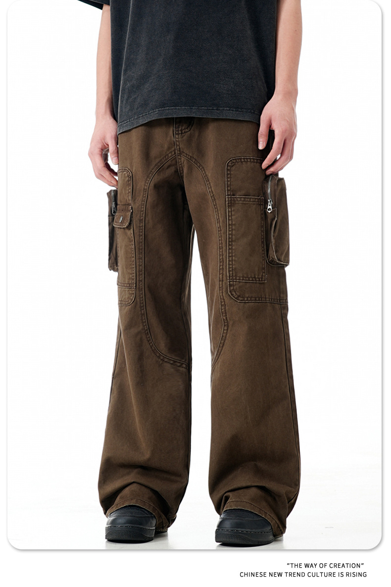 High Street Vibe Flared Loose Multi-Pocket Distressed Straight Casual Long Pants