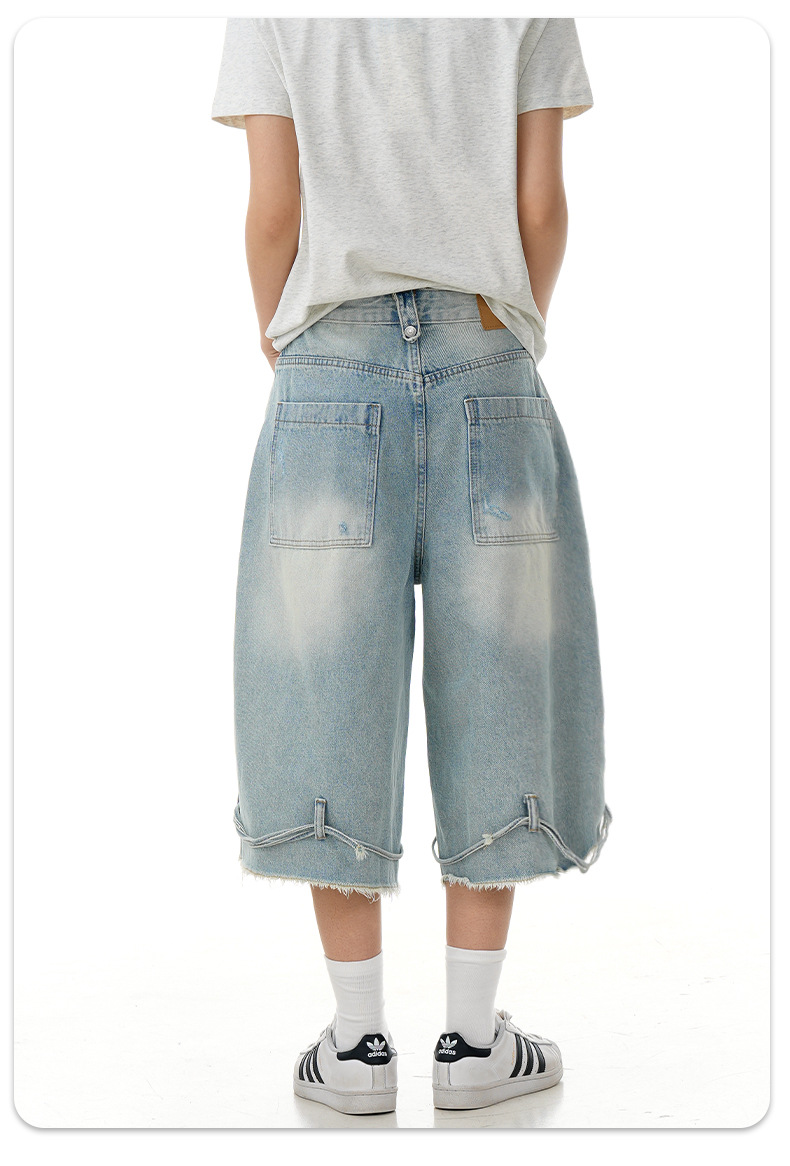 Street Washed Distressed Denim Shorts Loose Wide-Legged Vintage Straight Drawstring Three-Quarter Pants