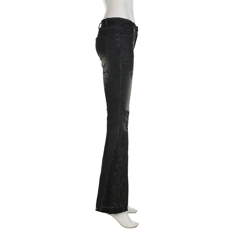 Retro plant print washed water slim fit and slimming flared jeans