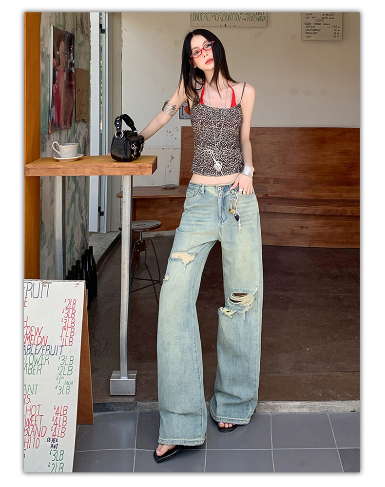 Women's Thin Straight Hole Jeans High Waist Slim Narrow Leg Wide Leg Pants