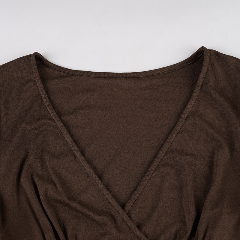 Solid Flounce Long Sleeve Short Tee Metallic Trim