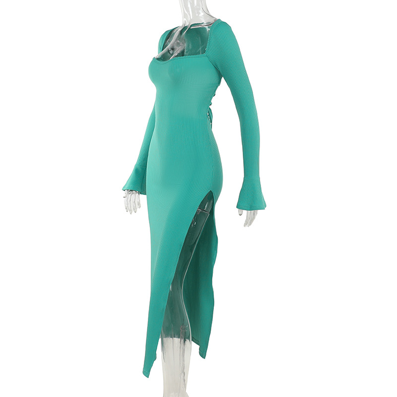 High Waist Bodycon Square Neck Full Sleeve Dress
