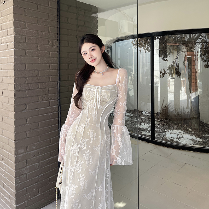 Square Neck Long Sleeve Polyester Maxi Dress