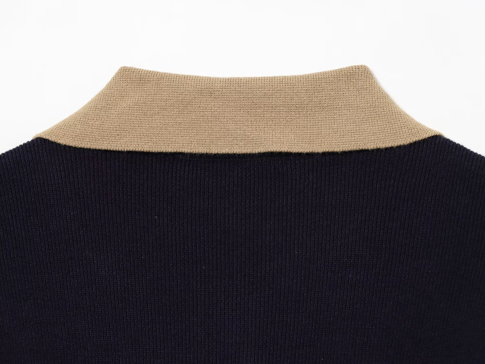 Color blocked patchwork polo collar knit sweater
